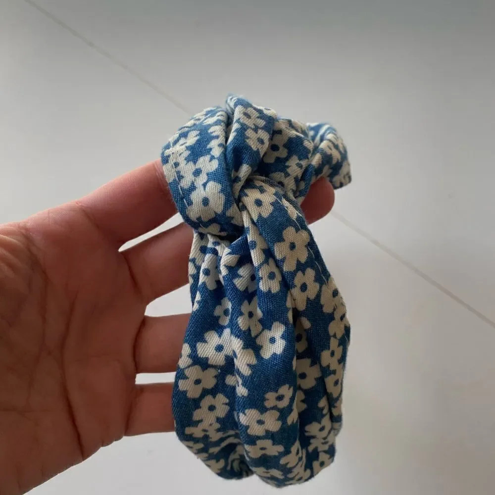 Blue and White Flower Knot Fabric Headband